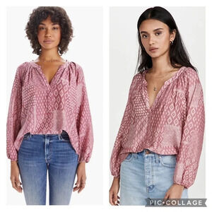 Xirena Chloe Stamp Pink Long Sleeve V-Neck Silk Cotton Blouse XS